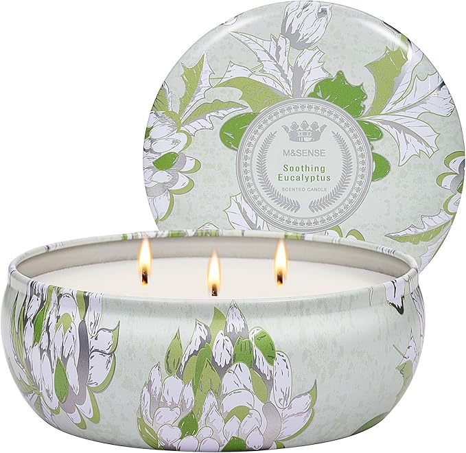 M&SENSE Soothing Eucalyptus Scented Candles, Large 3 Wick Soy Tin Candle, Over 40 Hour Burning Time, 100% Natural Vegan Wax, Relaxing Aromatherapy Aesthetic Candle Gift for Women Men