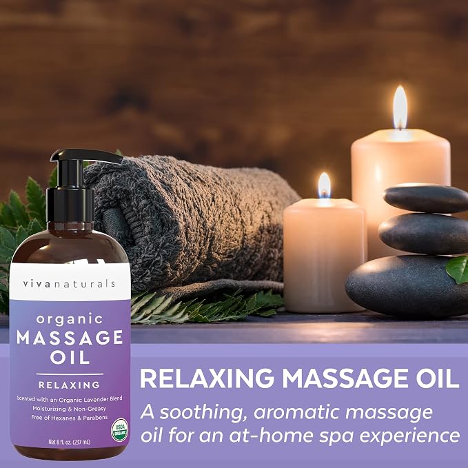 Viva Naturals Organic Massage Oil, Lavender Scented, 8 fl oz (237 mL) – Non-Greasy, Certified Organic Massage Therapy Oils
