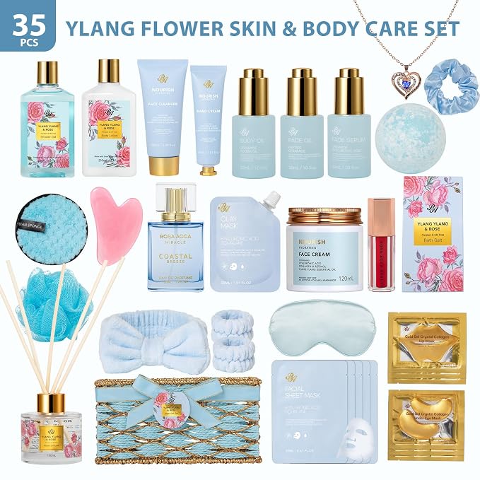 35 Pcs Mothers Day Gift for Mom, Bath & Body Gift Baskets Set for Women, Face Skin Care Kit, Spa Basket Gift Set, Self-Care Relaxation Gift, Home Spa Basket, Necklace, Birthday, Christmas, Anniversary