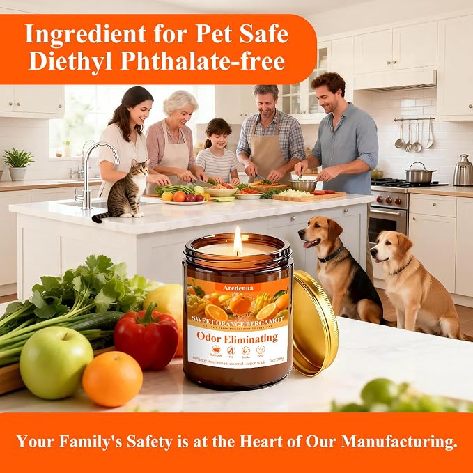 Sweet Orange Bergamot Odor Eliminating Candle | Eliminates 95% of Pet, Smoke, Food & Other Smells – Fresh Air Scented Candle Gentle for Family - Up to 50 Hour Burn time - 7 Oz Natural Soy Wax