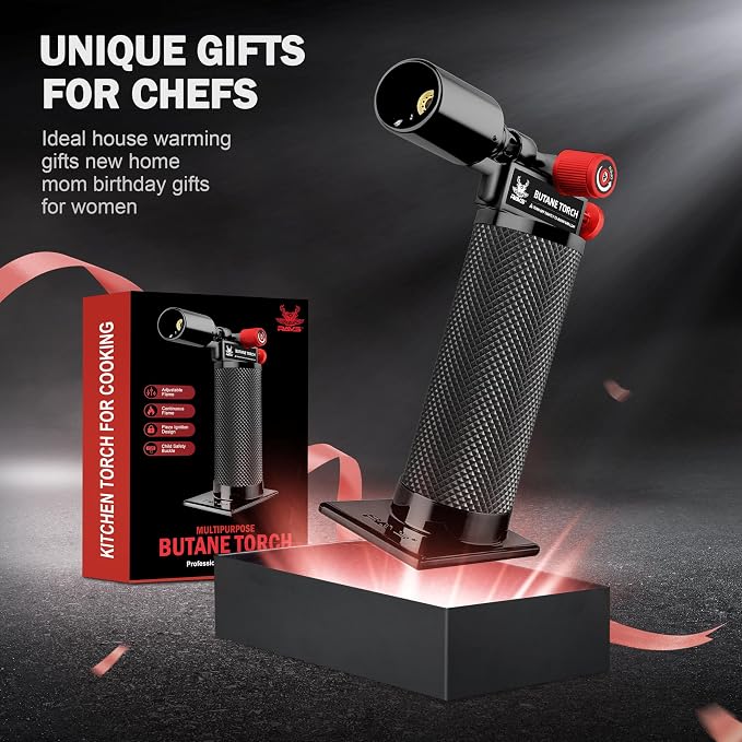 RAVS Butane torch, Kitchen Torch Lighter with Adjustable Flame & Safety Buckle, Creme Brulee Torch for Cooking, Dessert, Baking, Gifts for Men and Women (Black/Red), Butane Gas Not Included