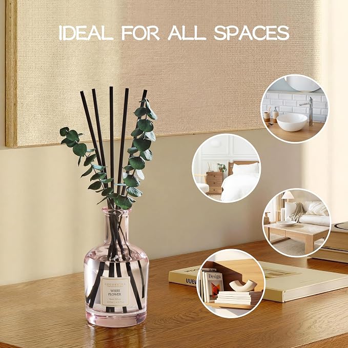 COCORRÍNA White Flower Reed Diffuser – 6.76 oz Essential Oil with 8 Reeds & Real Eucalyptus Sticks, Home Fragrance for Bedroom or Bathroom Décor