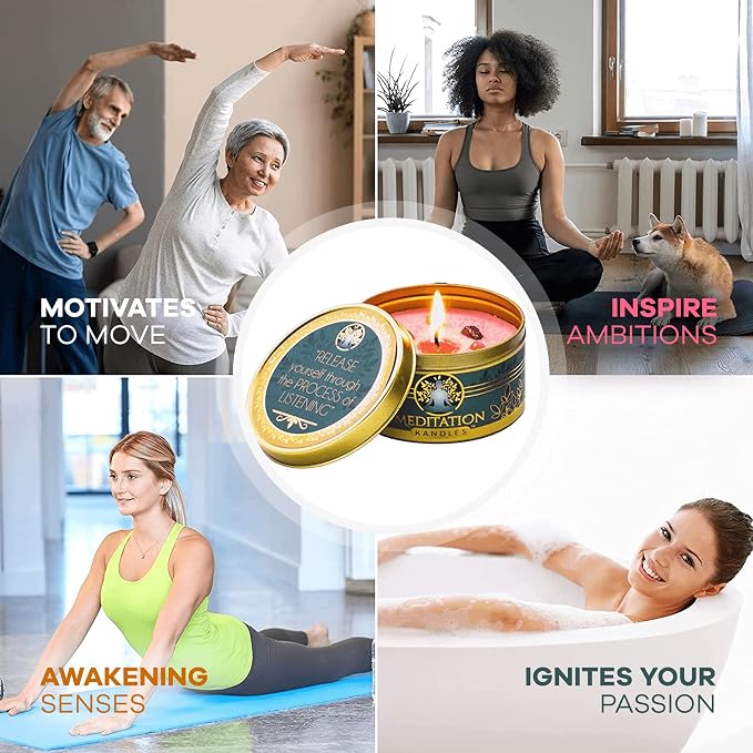 Meditation Candles with Crystals | Natural Aromatherapy Candles for Relaxation & Healing | Stress Relief Candles for Yoga, Meditation & Self Care | 5oz Each 4 Pack Gift Set