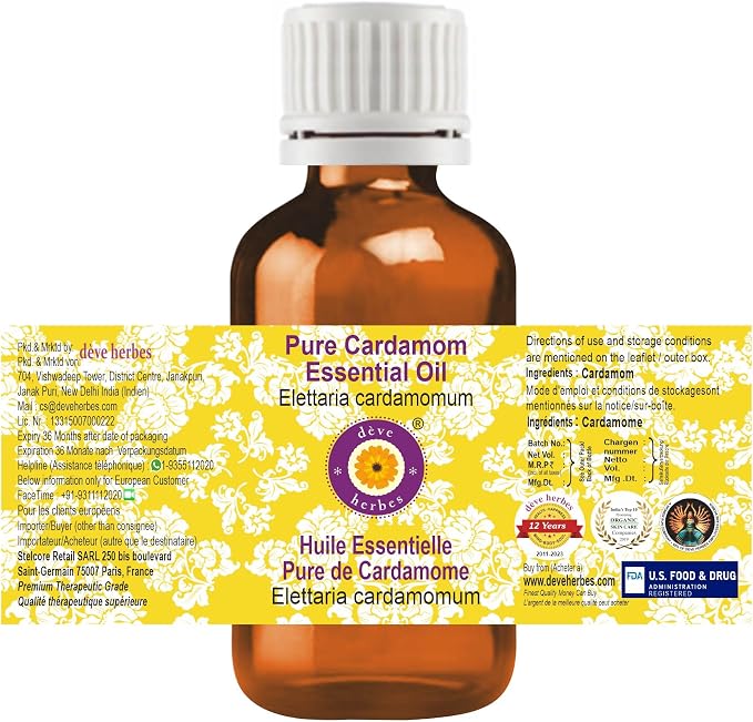 Deve Herbes Pure Cardamom Essential Oil (Elettaria cardamomum) Steam Distilled 10ml (0.33 oz)