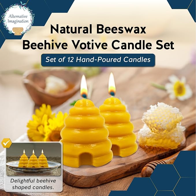 Alternative Imagination Beehive Votive Candles - 12 Pack of Hand Poured Pure Beeswax Candles with Cotton Wicks - Unscented, Non-Toxic, Eco-Conscious Bee Decor and Natural Gifts for Home or Events