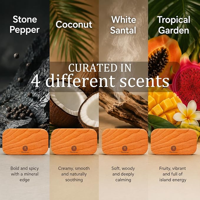 Car Air Freshener - Wood Air Freshener for Visor Clip - Long Lasting Car Odor Eliminator - Vehicle Scent Diffuser - (Coconut - Tropical Garden - Stone Pepper - White Santal, CLIP INCLUDED)