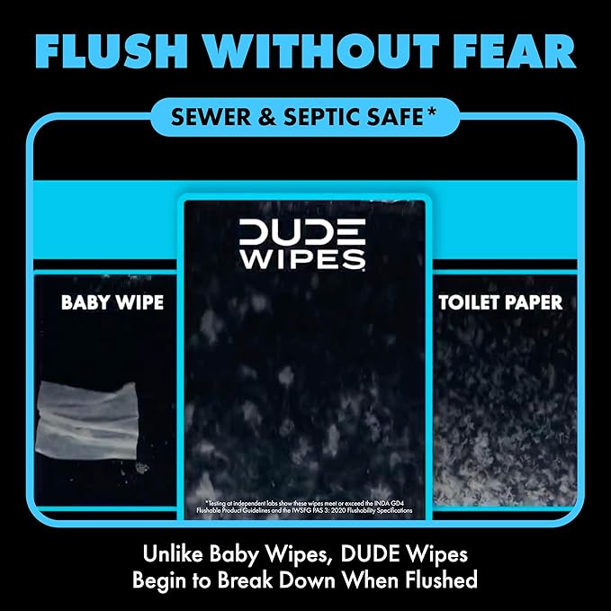 DUDE Wipes On-The-Go Unscented Travel Wipes - 2 Pack, 60 Count (Individually Wrapped) - Extra-Large Adult Flushable Wipes for Sensitive Skin - Infused with Vitamin E & Aloe - Septic and Sewer Safe