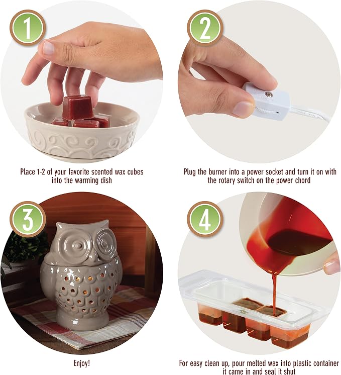 D'Eco Owl Fragrance Wax Melt Warmer - Electric Scented Tart & Candle Warmer w 4 Cinnamon Cubes - Plug-in Halogen Bulb Melts Wax Fills Room w Fresh Scent & Night Light Glow- Holiday Xmas Must Have Gift
