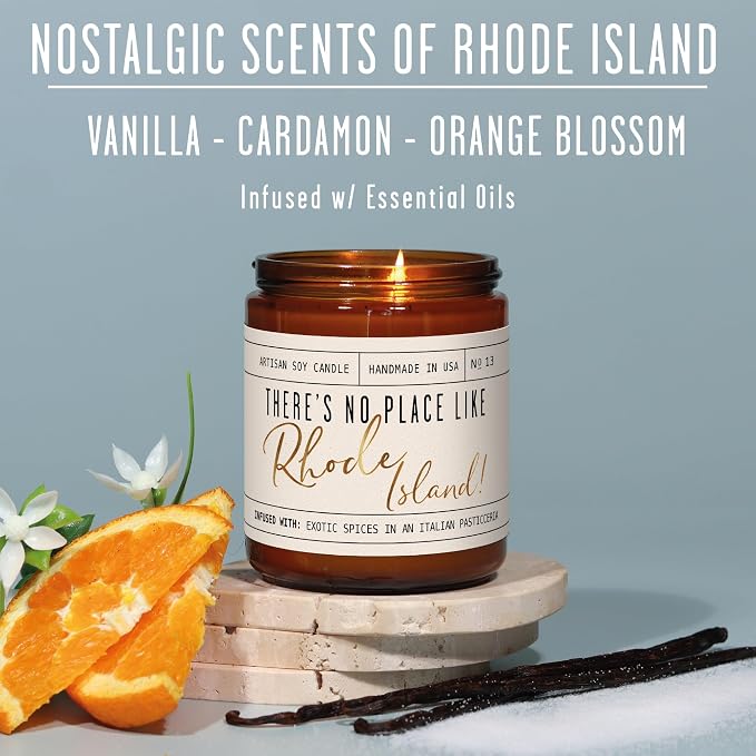Rhode Island Gifts, Rhode Island Decor for Home - 'There's No Place Like Rhode Island Candle, w/Vanilla, Cardamon & Orange I Rhode Island Souvenirs State Gifts I 9oz Jar, 50Hr Burn, USA Made