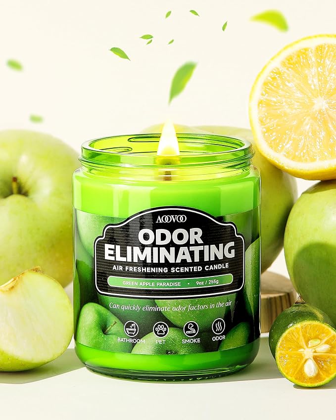 AOOVOO Green Apple Odor Eliminating Highly Fragranced Candle - Eliminates 95% of Pet, Smoke, Food, and Other Smells Quickly, Non Toxic Air Freshing Soy Candle, 9 oz Up to 50 Hours Burn time
