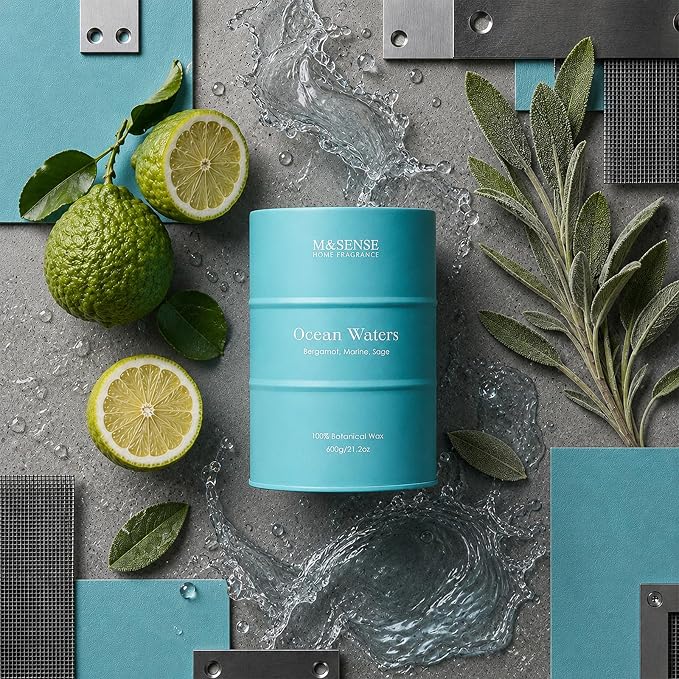 M&SENSE Ocean Waters Scented Candles Large Beach Candle, Summer Soy Candles 21.2oz 120 Hour Slow Burning,Aromatherapy Candle for Stress Relief Meditation Relaxing