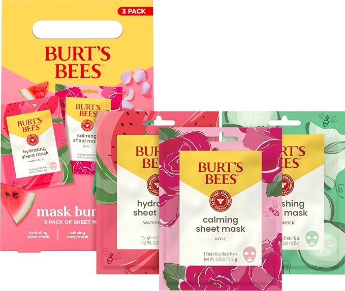 Burt's Bees Mothers Day Gifts, Face Mask Bundle Set, Hydrating Watermelon, Calming Rose, & Refreshing Cucumber, Face Sheet Masks for Single Use Skin Care, 99% Natural Origin, 3 Count, 0.33oz Each