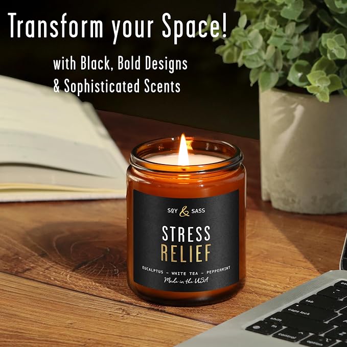 Stress Relief Candle I Relaxing Scented Black Candles for Men or Women w/Spearmint, White Tea & Eucalyptus Candle - Infused w/Essential Oils | Long 50Hr Burn,9oz I Non Toxic Aromatherapy I Made in USA