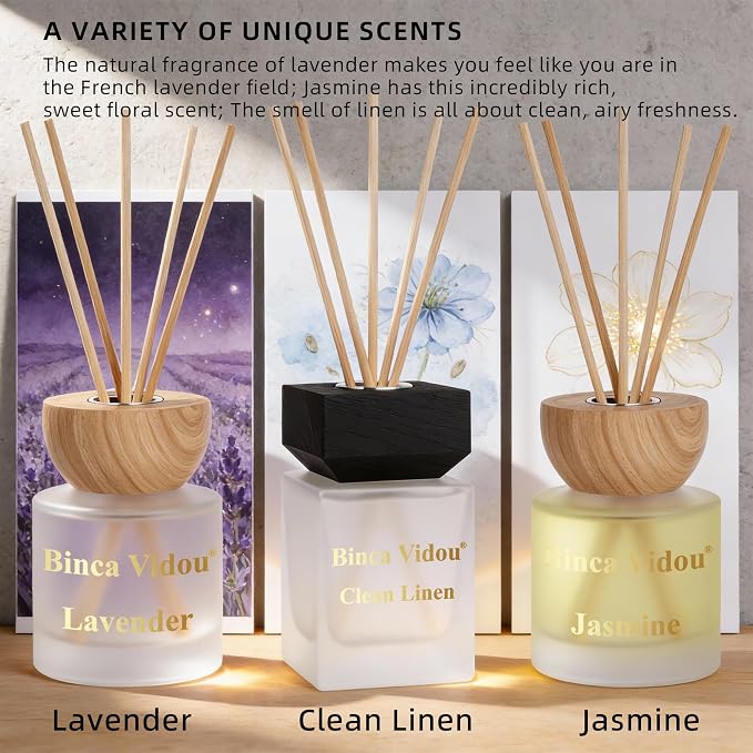 Reed Diffuser Set of 3, Binca Vidou Natural Scent Oil Diffusers with Sticks for Home Office Bathroom Aromatherapy Decor 3.38oz x 3(Lavender, Linen & Jasmine)