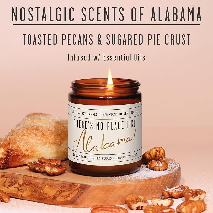 Alabama Gifts, Alabama Decor for Home - 'There's No Place Like Alabama Candle, w/Toasted Pecans & Sugared Pie Crust I Alabama Souvenirs I Alabama State Gifts I 9oz Jar, 50Hr Burn, USA Made