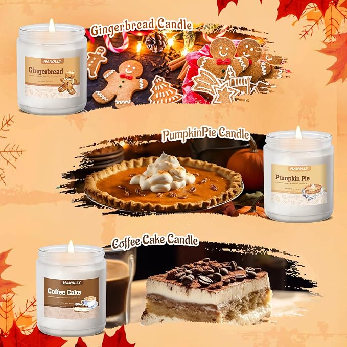 Bakery Candles Set, 6 Pack Fall Winter Candles for Home Scented, Candle Gift Set,Soy Wax Long Lasting Jar Candle of Pumpkin Pie, Coffee Cake,Gingerbread,Chocolate Cookie,Cherry Cheesecake Aromatherapy
