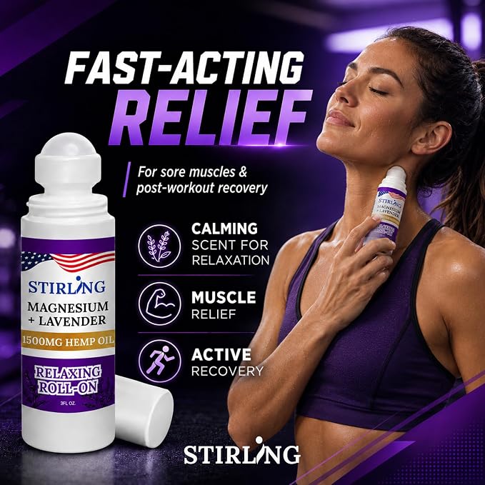 Stirling Lavender Roll On Lotion with Magnesium and Pure Hemp 1500mg – Fast Acting Muscle Relief, Calming Scent for Relaxation & Recovery, Natural Ingredients