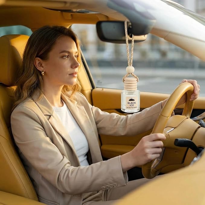 Essential Oil Car Air Freshener 2-Pack, Hanging Auto Diffuser for Rearview Mirror, Long Lasting Aesthetic Interior Decor Accessories (Teak Wood+Black Ice)