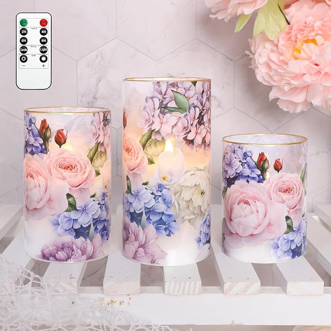 Hydrangea Rose Flameless Candles with Remote Control & Timer Function - Real Wax Glass Battery Operated Candles - Home Farmhouse Holiday Christmas Valentine's Day Decorations - Set of 3