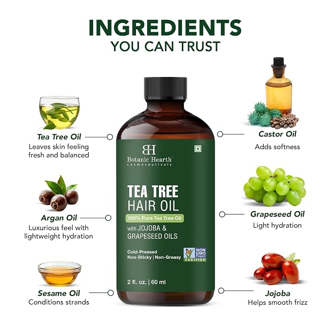 Botanic Hearth 100% Pure Tea Tree Hair Oil For Hair Growth & Hair Treatment Oils 2 Fl Oz | Infused with coconut Oil | Hair Oil Repairs Dry Damaged Hair, Strengthening, Healthier | All Hair Types