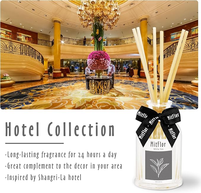 Hotel Fragrance Reed Diffuser, MitFlor White Tea Diffuser for Home Office, Inspired by Shangri-La Hotel, Essential Diffuser Oil Set with Natural Rattan Sticks, 100ml / 3.4 fl oz