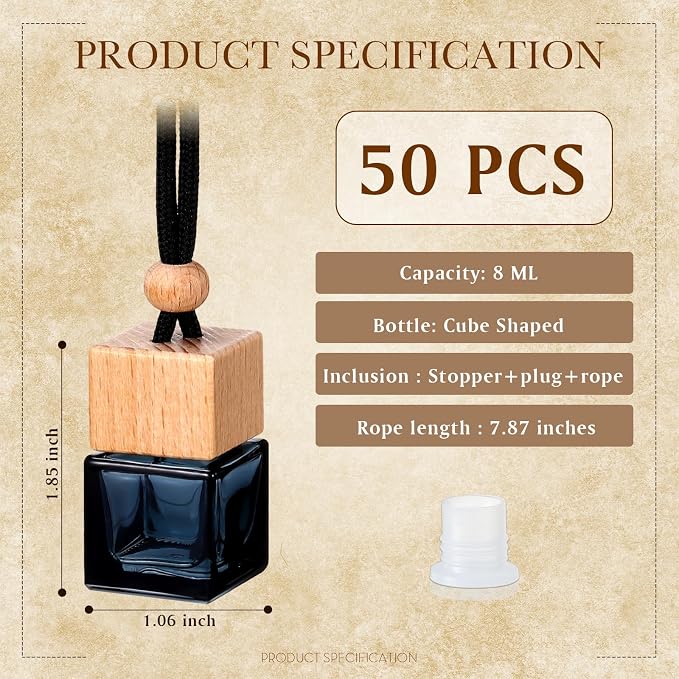 BBTO 50 Pcs Hanging Car Air Freshener Black Car Diffuser Bottles Empty Glass Perfume Bottle Freshener Diffuser Bottles Pendant for Essential Oil Fragrance Aromatherapy Ornament(Cube)