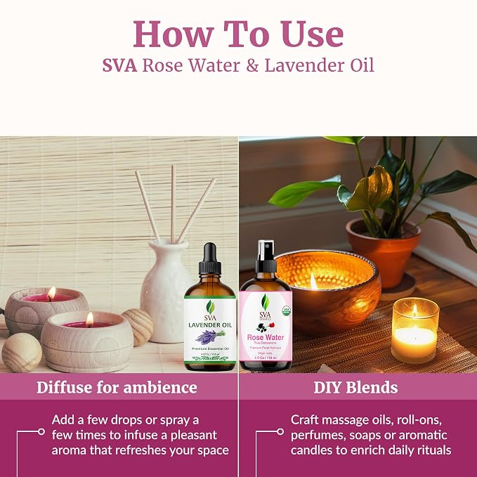 SVA Rose Water and Lavender Essential Oil 4 oz Bundle Super Saver Combo – Premium Grade Bundle Set for Hair Oiling, Scalp Massage, Hair Care, Face, Skin Care and Body Massage