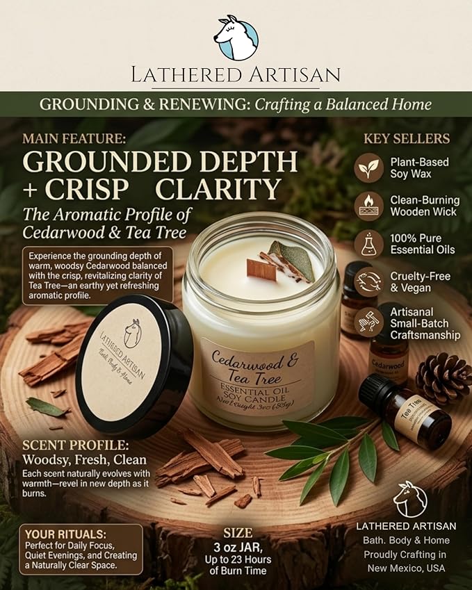 Cedarwood & Tea Tree Scented Candle, Hand Crafted Essential Oil Soy Candles with Flickering Wood Wick, Garnish, 23 Hour Burn Time, Natural Aromatherapy, Glass Jar with Lid, 3oz by Lathered Artisan