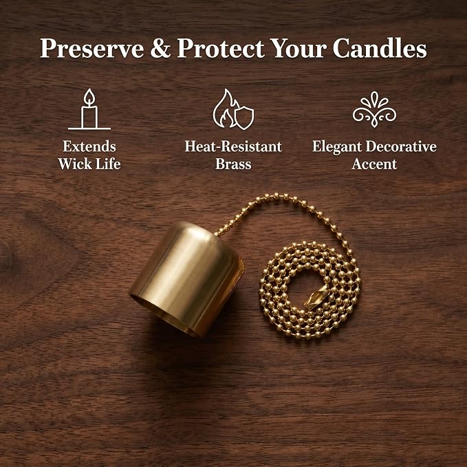 2 Pack Brass Candle Snuffer Caps with Chain, Vintage Tiki Torch Snuffer Decorative Flame Cover, Polished Metal Wick Extinguisher for Candle Lovers, Multi-Use Candle Accessories