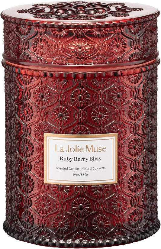 LA JOLIE MUSE Ruby Berry Bliss Scented Candles for Home,19 oz Natural Soy | Christmas Winter Holiday Decor, Large Luxury Red Jar Candle, Clean Non Toxic, Gift for Women,Men, Wood Wick, Orange,Cranberry