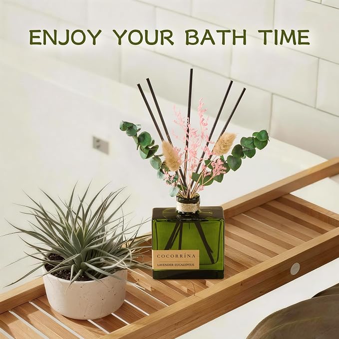 COCORRÍNA Reed Diffuser, 6.76 oz Lavender Eucalyptus Scent Reed Diffuser with 6 Sticks & Dried Flowers, Long Lasting Elegant Fragrance Home Décor for Bathroom Bedroom Office