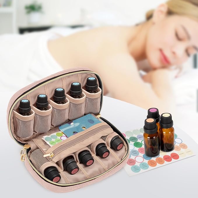 LUXJA Essential Oil Organizer -Holds 10 Bottles (5ml-15ml, Also Fits Roller Bottles), Travel Case for Essential Oils with Zipper Pockets (Bag Only),Pale Rose
