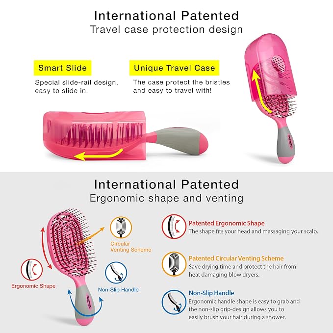 NuWay 4Hair® TravelC® U.S. Patented Single-Curve Scalp Care Travel Brush with Protective Case – Premium Portable Hair Health Tool with Heat-Resistant – Wet & Dry Use (Hot Pink)