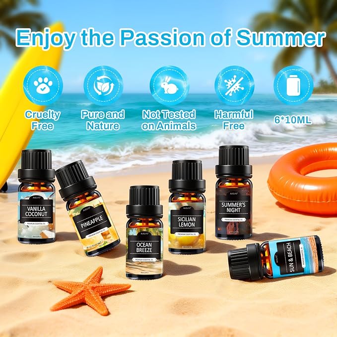 Auelife Summer Essential Oils Set for Diffuser, 6 x 10ml Tropical Essential Oils Collection for Home Fragrance, Aromatherapy & Candle Making, Coconut, Pineapple, Beach Breeze, Lemon & Summer Night