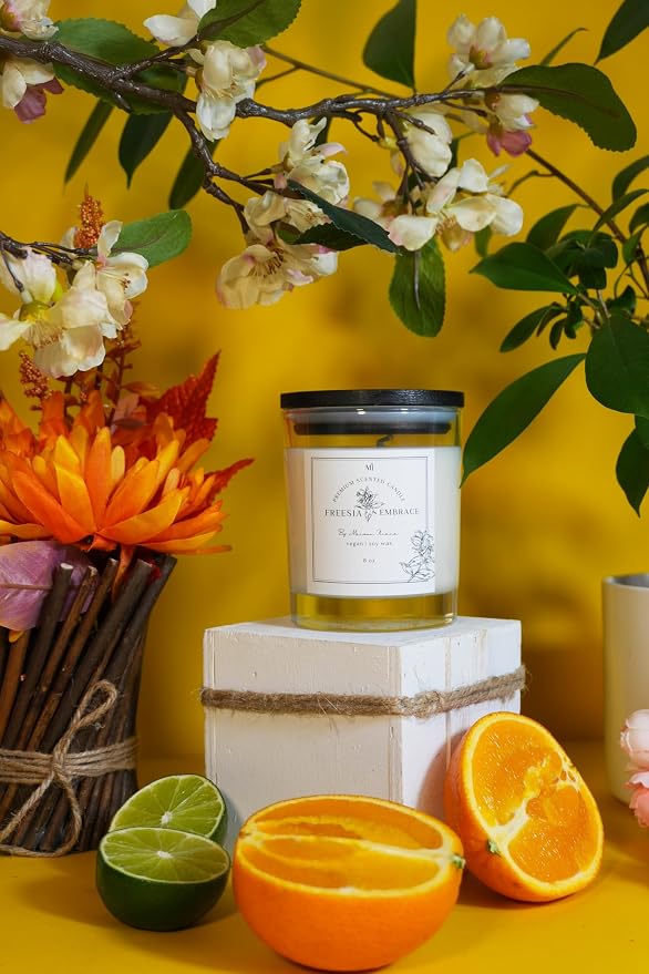 Fressia Scented Candle for Home | Natural Soy Wax 8oz Jar | Highly Scented Floral Aromatherapy | Long Lasting Fresh Fragrance | Stress Relief | Premium Room Decor | Elegant Gift for Women