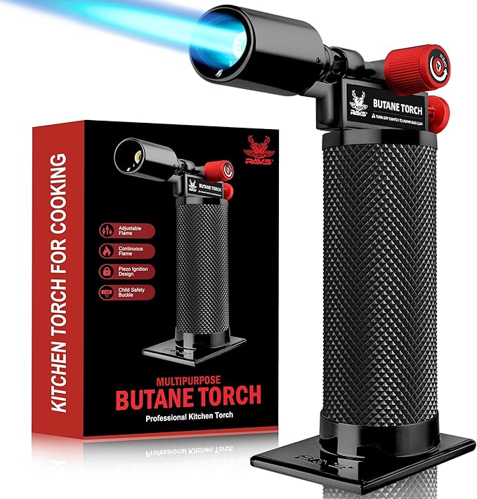 RAVS Butane torch, Kitchen Torch Lighter with Adjustable Flame & Safety Buckle, Creme Brulee Torch for Cooking, Dessert, Baking, Gifts for Men and Women (Black/Red), Butane Gas Not Included