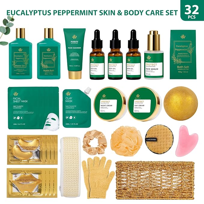 Gifts for Women & Men, Eucalyptus 32 Pcs Home Spa Basket Gift Set for Women & Men, Self-Care Relaxation Set, Face Skin Care Kit, Bath & Body Gifts Basket, Birthday, Christmas, Valentines, Anniversary