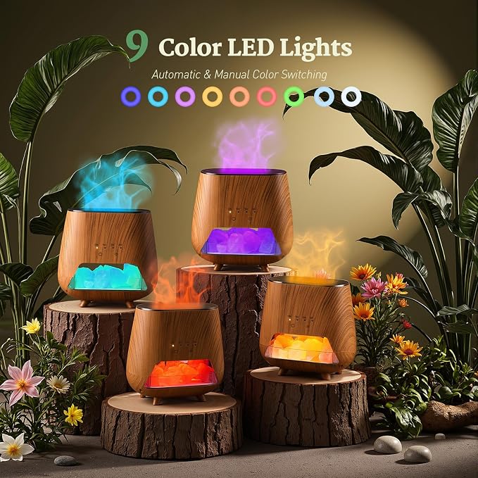 Essential Oil Diffuser for Home: 200ml Aromatherapy Diffuser with Himalayan Pink Salt Rock, Cool Mist Humidifier with Auto Off Function and 9 Colors LED Night Light for Bedroom
