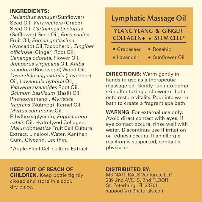Lymphatic Massage Oil for Massage Therapy - Lymphatic Drainage Oil for Body Care Circulation & Detox Support with Ylang Ylang, Ginger, Lavender, Grapeseed, Vitamin E & Stem Cell (8 Fl Oz) by M3