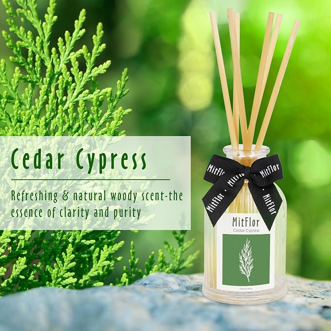 Room Diffuser, MitFlor Cedar Cypress Reed Diffuser Set with Natural Rattan Sticks, Refreshing & Clean Scents for Home Fragrance and Décor, for Living Room, Bedroom, Bathroom, and More-3.4 fl oz