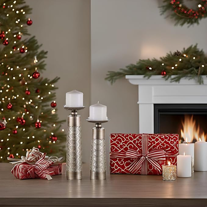 Creative Scents Dublin Silver Decorative Candle Holder Set of 2 - Home Decor Pillar Candle Stand, Coffee Table Mantle Decor centerpieces for Fireplace, Living or Dining Room Table, Gift Boxed