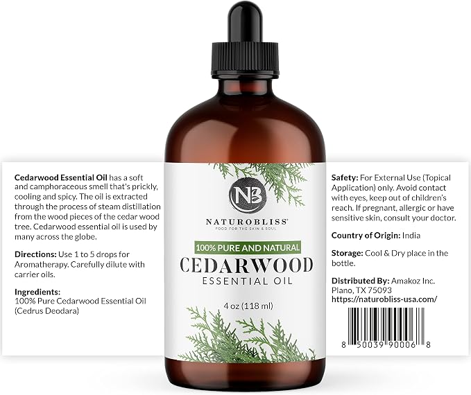 NaturoBliss Cedarwood Essential Oil – Huge 4 Fl Oz – 100% Pure and Natural – Premium Grade Essential Oil for Diffuser and Aromatherapy, Skin, Massage, Candle and Soap Making Fragrance