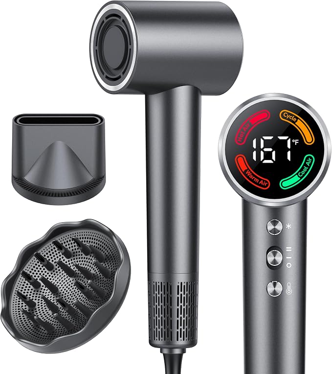 FAMOO Hair Dryer, 160,000 RPM High-Speed Ionic Blow Dryer with Diffuser and Concentrator Nozzle, 500 Million Negative Ions,Fast Drying, LED Display,Light and Quiet,For All Hair Types,For Home & Travel