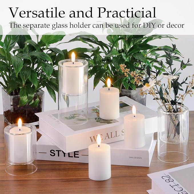 NURADA Flameless Candles with Remote Timer - Glass Real Wax 3D Wick LED Pillar Votive Candle Set Battery Operated Flickering Light for Home Christmas Decoration - White 3 Pack