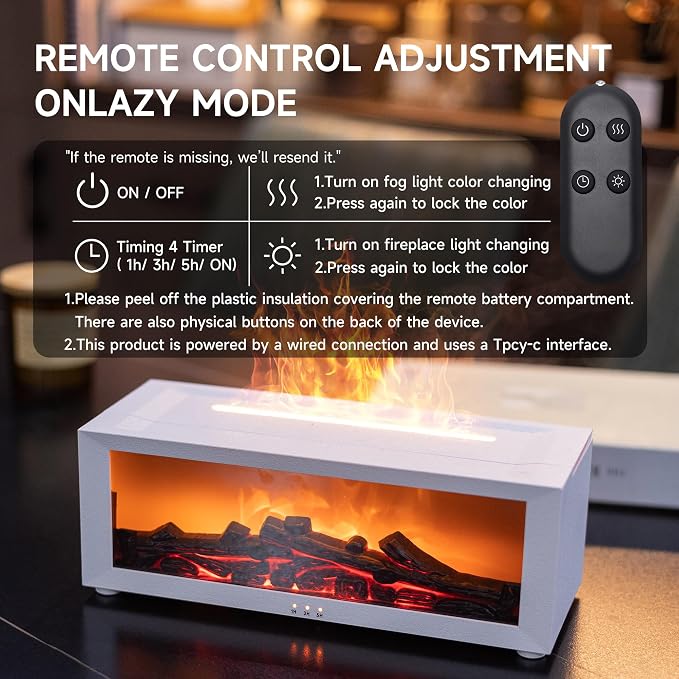 TMEHM Fireplace Flame Air Diffuser Humidifier,7 Colors Aromatherapy Essential Oil Diffuser,Ultrasonic Aroma Humidifier with Timer for Home,Bedroom,Office,Yoga (White, L)