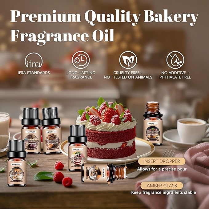 Bakery Essential Oils Set, Premium Fragrance Oil for Diffusers, Scented Oils for Soap & Candle Making, Pumpkin Pie, Apple Pie, S'Mores, Red Velvet Cake, Strawberry Shortcake,Glazed Donut