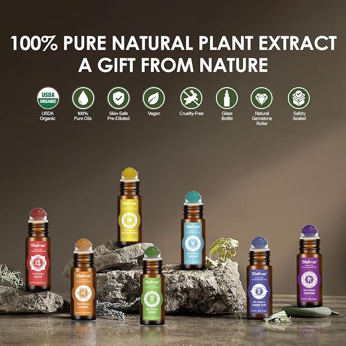 Slema 7 Chakra Essential Oil Roller Gift Set - 7x5ml with Natural Crystal & Jade Rollerballs, Plant-Based Blends for Meditation, Yoga (5mlx7)
