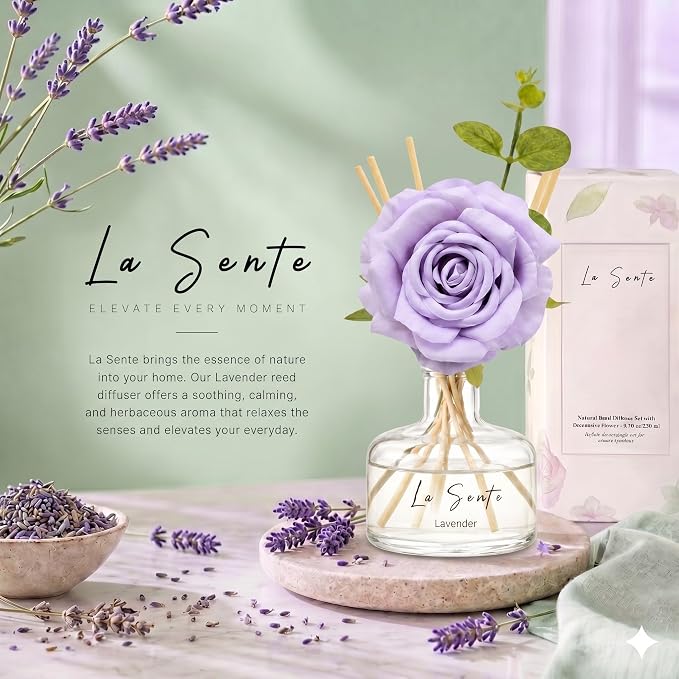 Lavender Reed Diffuser Set 8.5oz/250ml – Long Lasting Flameless Home Fragrance with Elegant Glass Bottle, Decorative Flower & Natural Reeds for Bathroom, Bedroom, Office