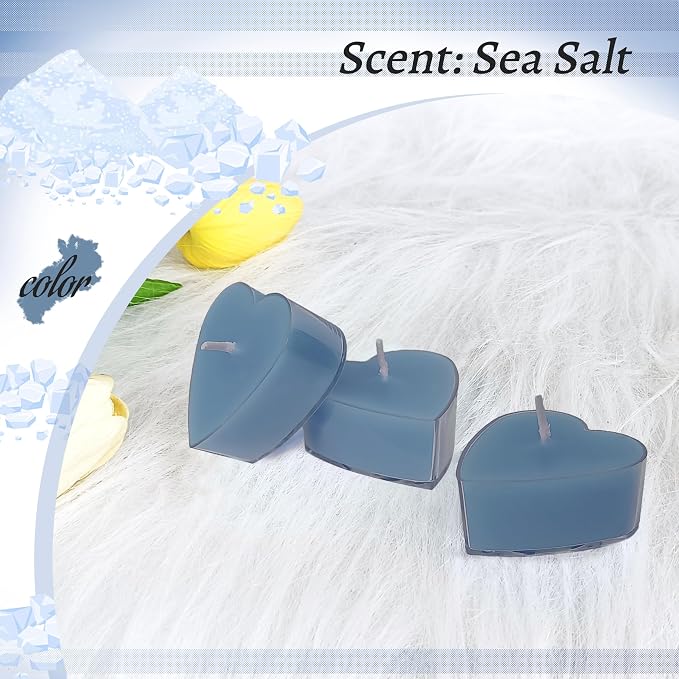 Sea Salt Scented Heart Tealight Candles, Dark Blue Scent Tea Lights Candles Clear Cup, 24 Pack Colored Tealights Candle, 4 Hour Burn Time Tea Candles for Weddings Romantic Decor