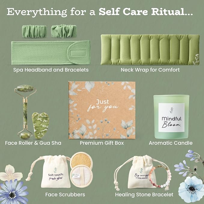 Birthday Gift Set for Women, Self Care Gift Baskets for Women with Neck Wrap, Spa Head Band & Bracelet, Face Roller, Gua Sha, Face Scrubbers, Aromatic Candle and Healing Stone Bracelet, Self Care Kit.
